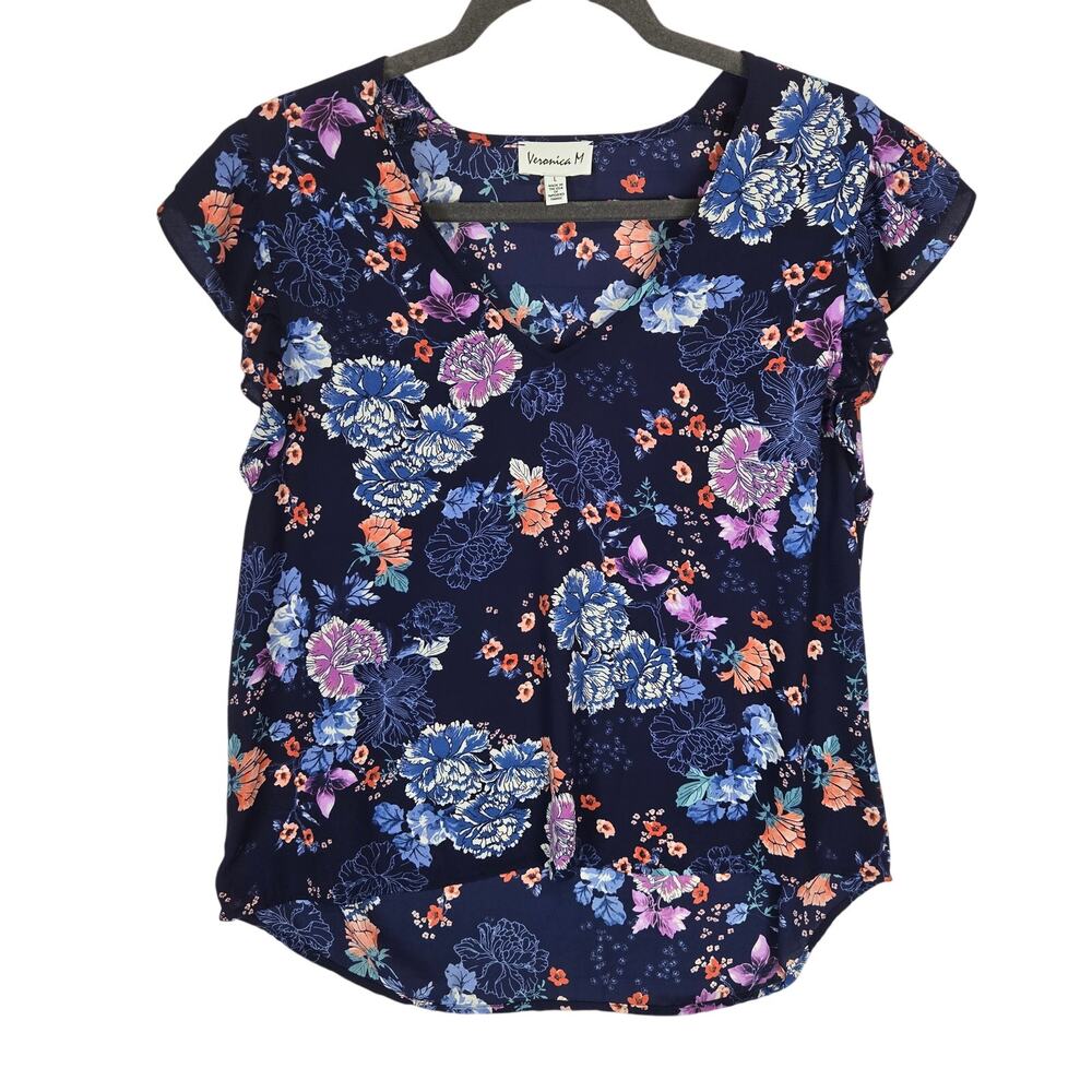 Veronica Blue Floral Ruffle Top Sz L Fairy Whimsy Boho Vibrant Festival Resort